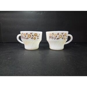 Termocrisa Milk Glass Coffee Cups, Brown Leaves Design, Golden Flowers, Set of 2